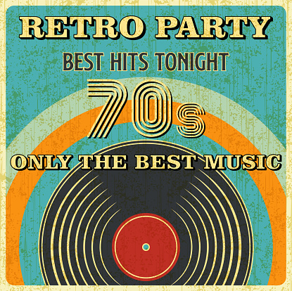 Retro Music and Vintage Vinyl Record Poster in Retro Desigh Style. Disco Party 70s