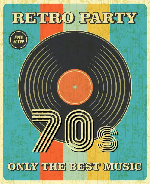 Vector illustration of Retro Music and Vintage Vinyl Record Poster in Retro Desigh Style. Disco Party 70s