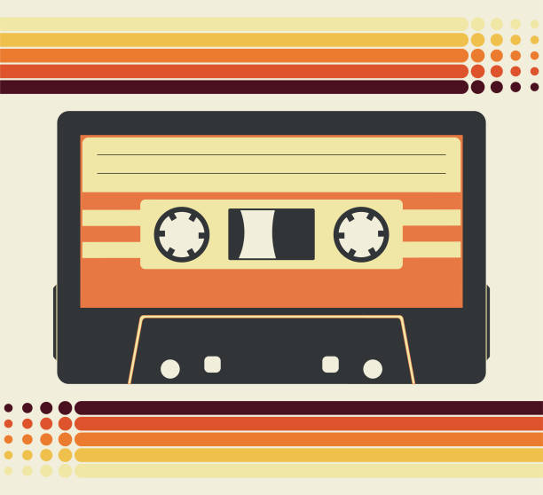 retro music party i vintage music cassette poster w stylu retro desigh. disco party 60s, 70s, 80s. - kaseta magnetofonowa stock illustrations