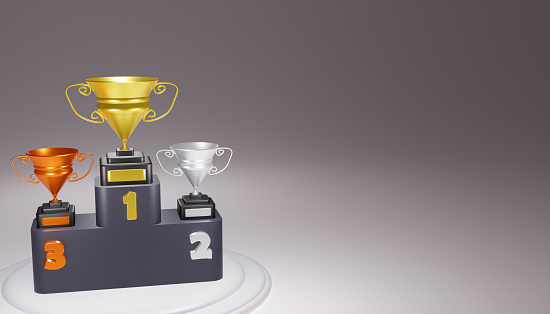3D renderings of the silver and bronze gold trophy trophies against an elegant background, copy space for text.