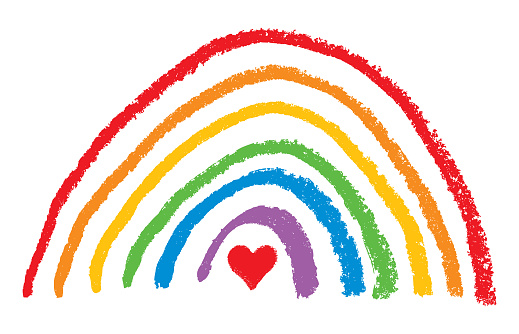 Vector illustration of a colorful crayon drawn rainbow with a red heart in it.