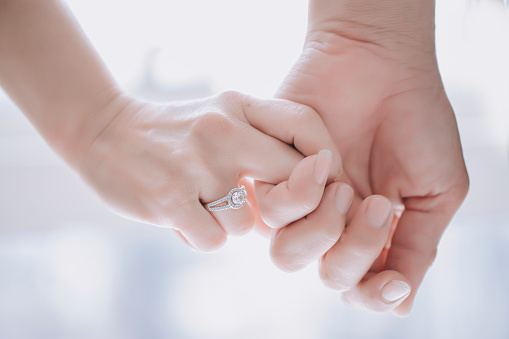 Close up Asian Chinese newly wed couple hands with wedding ring