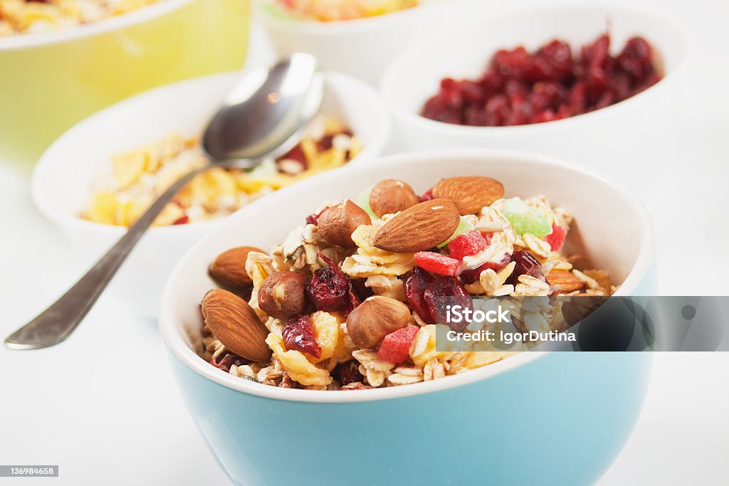 Cereal muesli with dried fruit Cereal muesli breakfast with dried fruit and nuts Almond Stock Photo