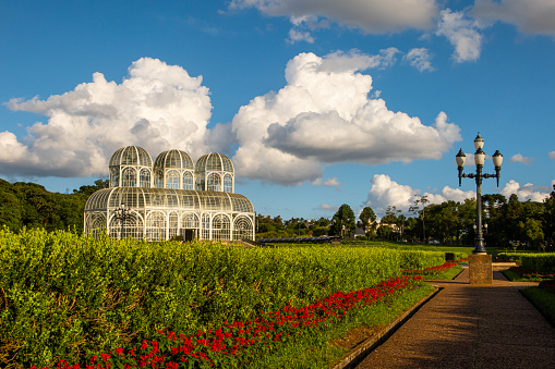 View of the Botanical Garden of Curitiba, public and free park and one of the landmarks and main tourist spots in the city - (centered composition)