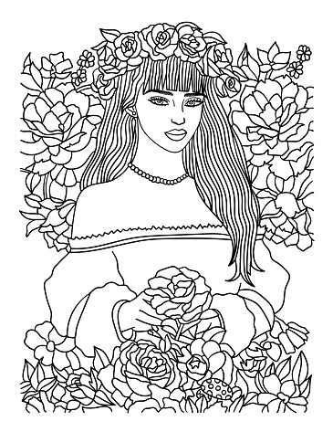 A cute and funny coloring page of a beautiful flower girl. Provides hours of coloring fun for adults.