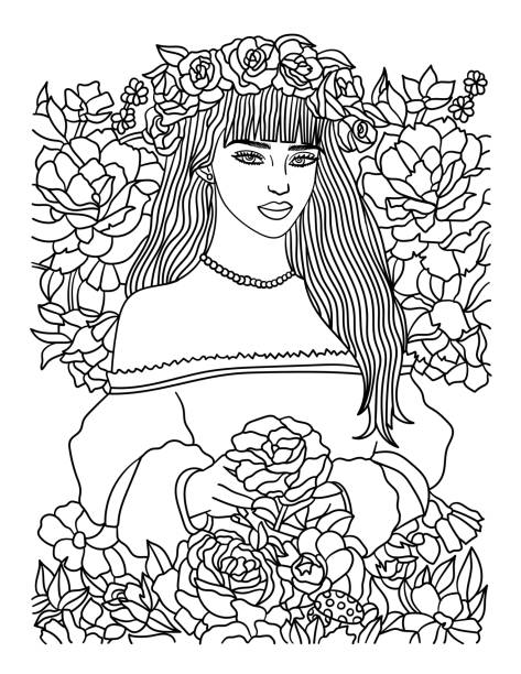 Beautiful Flower Girl Coloring Page for Adults A cute and funny coloring page of a beautiful flower girl. Provides hours of coloring fun for adults. flower girl stock illustrations
