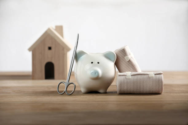 Piggy bank, money saving concept Health insurance and family accident protection stock photo