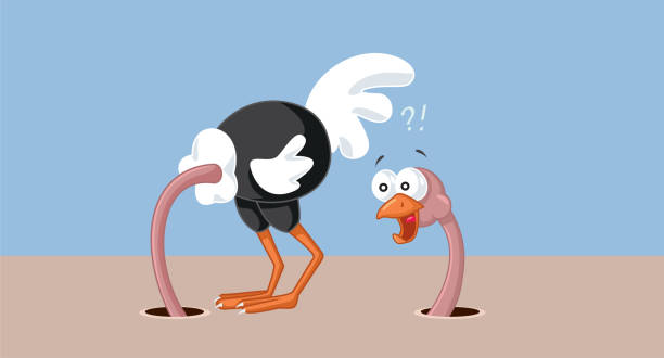 Funny Ostrich Looking at his Own Behind Vector Cartoon Foolish bird having a dead-end circular strategy sticking the head in the sand ostrich stock illustrations