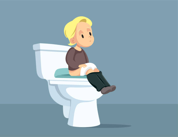 Toddler Ready for Toilet Training Vector Cartoon Illustration Little child using a special toilet ring for using the bathroom at an early age potty toilet child bathroom stock illustrations