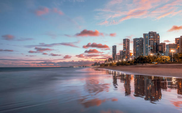 Sunset in Boa Viagem beach Recife, Pernambuco, Brazil:Boa Viagem is the most famous and beautiful urban beach in Recife. joão pessoa stock pictures, royalty-free photos & images