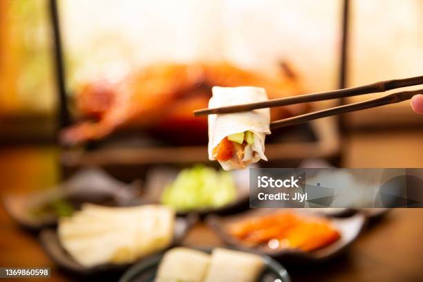 Chinese Cuisinecloseup Of Beijing Roast Duck Spring Roll Stock Photo - Download Image Now