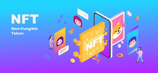 NFT token in crypto artwork. Banner Non-fungible token with aspects of intellectual property. ERC20. 3D hologram with Cryptocurrency and art