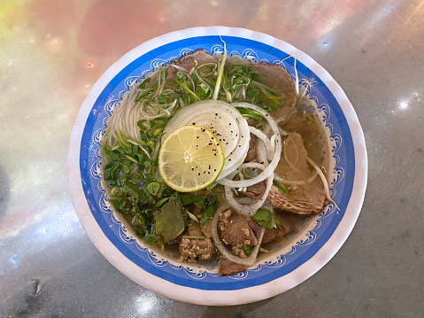 Vietnamese Beef Noodle Pho On Blue Patterned Bowl