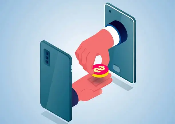 Vector illustration of Online payment, online loan, cash back, online transfer, hand giving money via smartphone