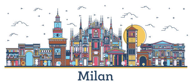 ilustrações, clipart, desenhos animados e ícones de contorno milan italy city skyline com edifícios coloridos isolados em branco. - catedral de milão