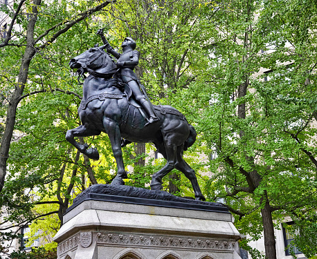 New York, NY - November 15, 2021:  Statue of Joan of Arc in Riverside Park, New York, sculpted in 1915 by Anna Hyatt Huntington