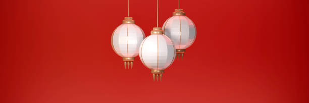 istock 3D Rendering of white Chinese lantern on red background banner with copy space concept of happy Chinese new year. 3D Render illustration. 1369875210