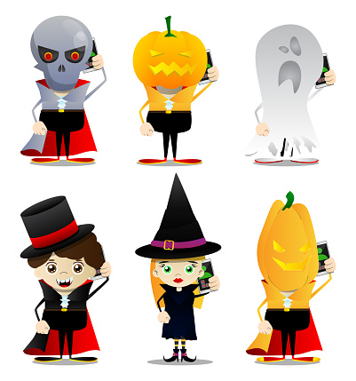 Kid dressed for Halloween talking on cell phone. Vector cartoon character illustration of kids ready to Trick or Treat.