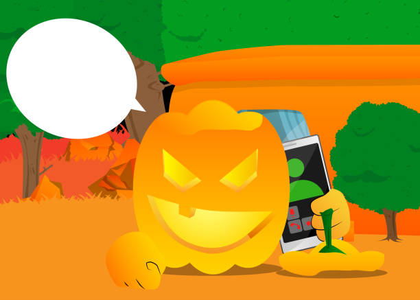 ilustraciones, imágenes clip art, dibujos animados e iconos de stock de calabaza decorativa para halloween hablando por teléfono celular - halloween pumpkin jack olantern industry