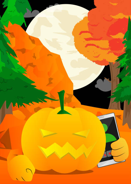 ilustraciones, imágenes clip art, dibujos animados e iconos de stock de calabaza decorativa para halloween hablando por teléfono celular - halloween pumpkin jack olantern industry