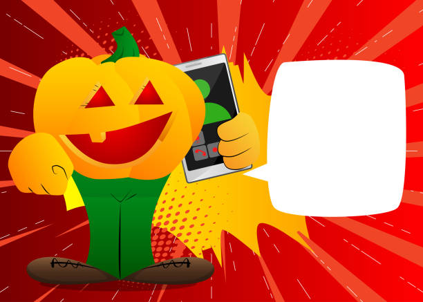 ilustraciones, imágenes clip art, dibujos animados e iconos de stock de calabaza decorativa para halloween hablando por teléfono celular - halloween pumpkin jack olantern industry