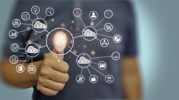 istock Person touching virtual screen to scan fingerprints, digital transformation management concept 1369877833