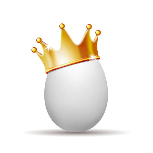 istock White Realistic egg with golden crown for design flyer, corporate template, brochure. 1369881411