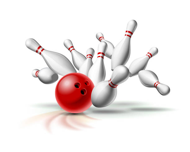 red bowling ball rozbija się o szpilki. ilustracja bowling strike izolowane na białym tle. - strike stock illustrations