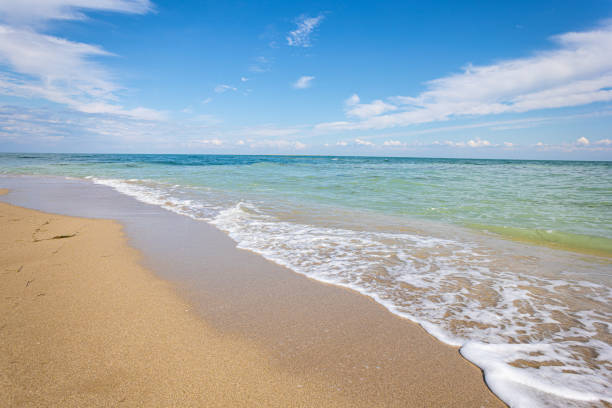 istock Amazing beach  with endless horizon .Soft wave of blue ocean on sandy beach. Background. 1369883574