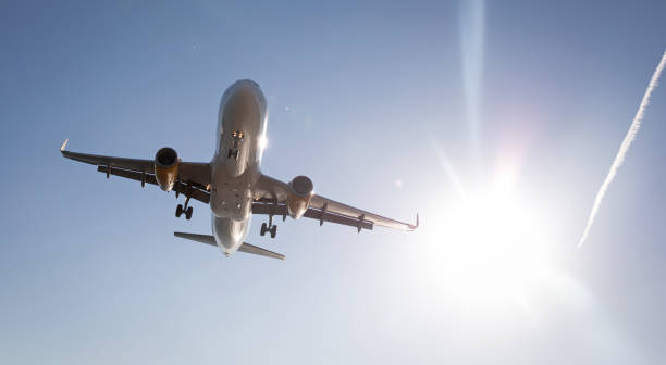 istock Airplane preparing the landing with a blue sky 1369887925