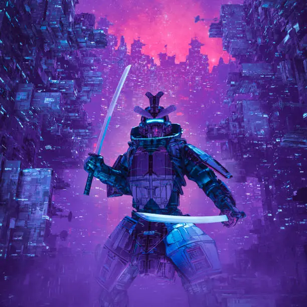 3D illustration of science fiction armoured robot with katana swords with futuristic city in background