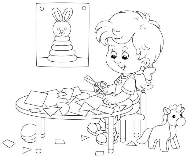 Vector illustration of Little girl cutting figures from color paper