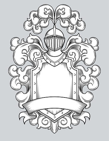 Graphic Art Line Drawing of Heraldic Coat of Arms. Shield with Helmet, Plume and Ribbon. Engraving Style Layout for Emblem or Logo. Black and White Isolated Vector Illustration.