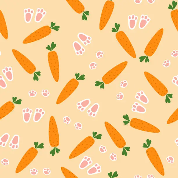 Vector illustration of Seamless pattern with carrots and bunny footprints.