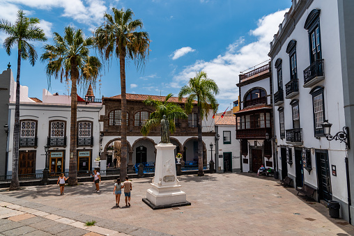 Santa Cruz de La Palma, Spain - August 13, 2021: Square of Spain in the old town. City Hall and Church of El Salvador