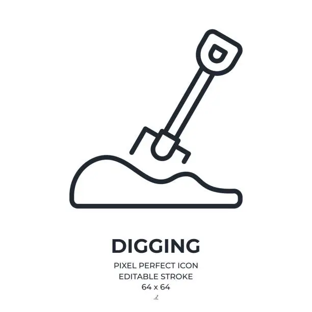 Vector illustration of Digging editable stroke outline icon isolated on white background flat vector illustration. Pixel perfect. 64 x 64.