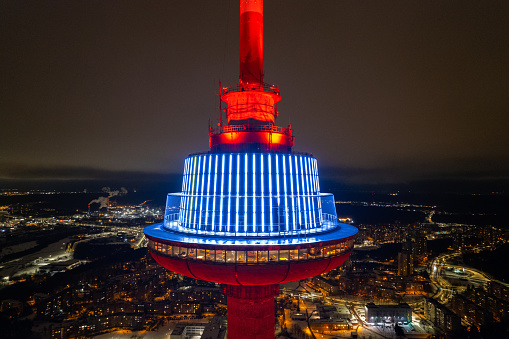 Aerial winter night view of Vilnius TV Tower, Lithuania