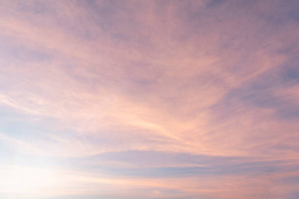 istock Summer Blue Sky and white clouds background. Beautiful clear cloudy in sunlight sunset season. Panorama vivid pink cloudscape in nature environment. Outdoor horizon skyline with spring sunshine. 1369899041