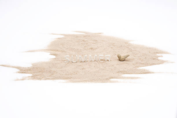 Summer mood minimal creative arrangement. Summer word, coral on white sands.