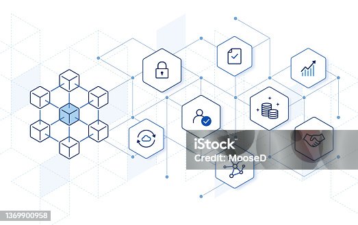istock Blockchain technology with icons. abstract hexagon background. 1369900958