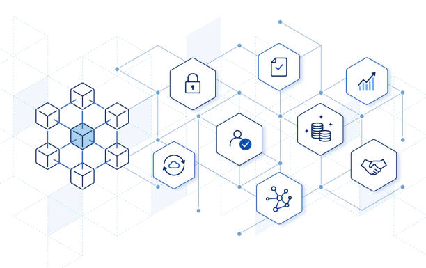 Blockchain technology with icons. abstract hexagon background. how blockchain works: how does a transaction get into the blockchain blockchain icons stock illustrations