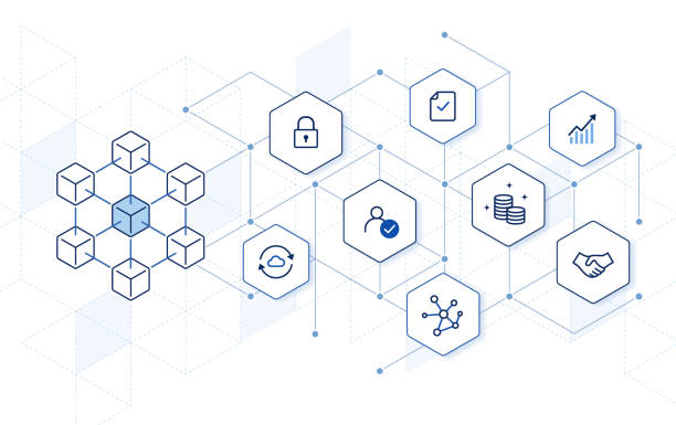 Blockchain technology with icons. abstract hexagon background. how blockchain works: how does a transaction get into the blockchain cloud outline background stock illustrations