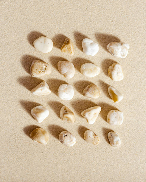 istock Sea stones neutral beige color on natural fine sand background. Square composition from natural white pebbles, monochrome tones 1369903270
