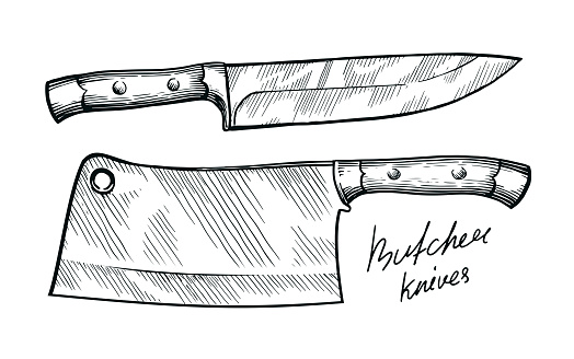 Kitchen and meat cutting knives set. Cleaver chef and butcher tools. Sketch vintage vector illustration