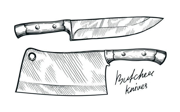 Kitchen and meat cutting knives set. Cleaver chef and butcher tools. Sketch vintage vector illustration Kitchen and meat cutting knives set. Cleaver chef and butcher tools. Sketch vintage vector illustration kitchen knife stock illustrations