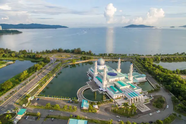 Aerial view of Kota Kinabalu City Floating Mosque, Sabah Borneo East Malaysia