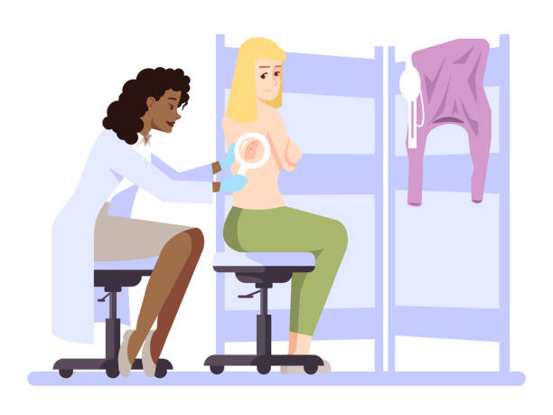 Performing patient skin assessment semi flat RGB color vector illustration Performing patient skin assessment semi flat RGB color vector illustration. Female dermatologist isolated cartoon characters on white background dermatologist stock illustrations