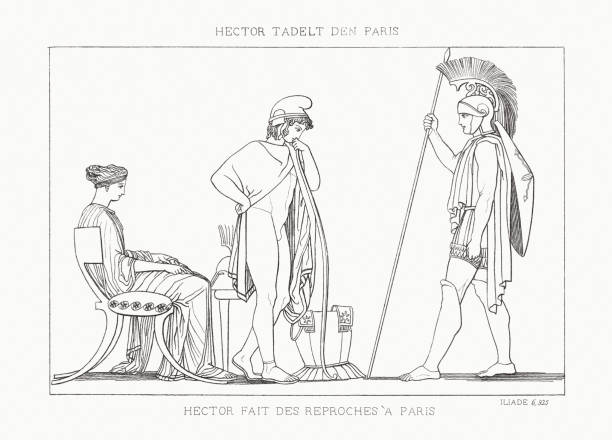 헥터는 파리 (일리아드), 강철 조각, 1833 년에 출판 - roman mythology warrior hector stock illustrations