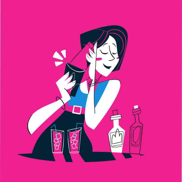 Bartender Woman making Martini cocktail - Cartoon 60s style - vector illustration vector art illustration