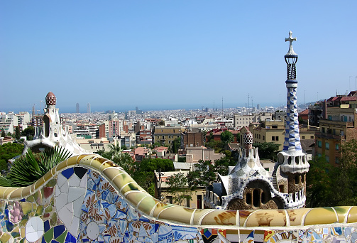 A postcard view of Barcelona from the Park Guell terrace